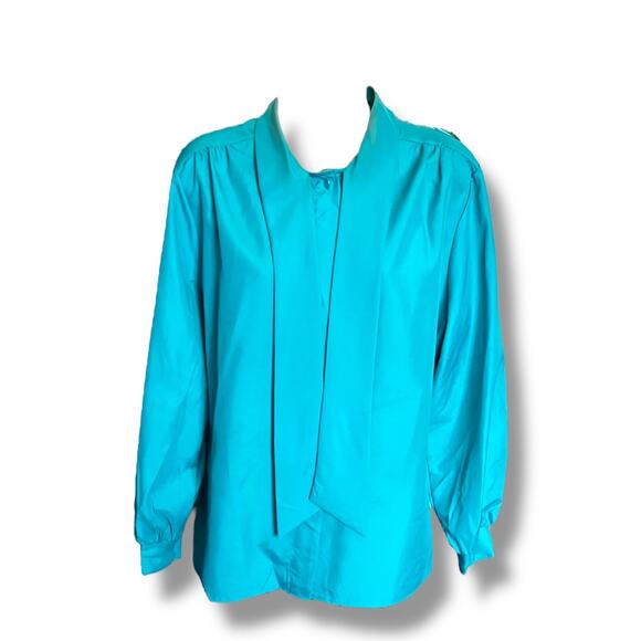 Vintage Turquoise Secretary Blouse 80s Long Sleeve Tie Neck Womens Size XL - Picture 2 of 7